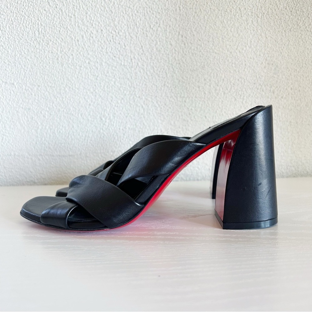 Christian Louboutin Black Leather Crisscross Block Heel Sandals with Red Sole - Picture 7 of 13